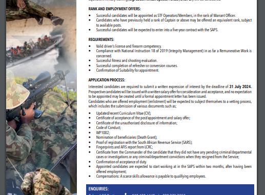 SAPS Special Task Force Vacancies